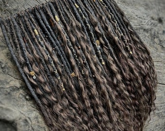 Dark brown  synthetic dreads D.e or S.e, Dreadlocks with long loose ends, curly dreads, mix of curls and dreads, Curly hair extensions