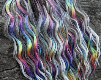 Rainbow grey BRUSHABLE synthetic de dreaded curls , wavy hair extensions , Anna curls
