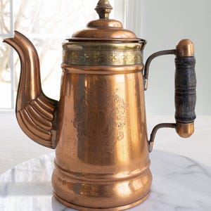 Antique Copper And Brass Teapot Kettle Coffee Pot Wooden Handle