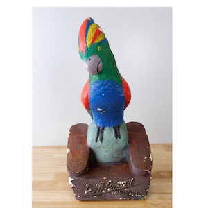 Vintage Poll-Parrot Shoes Chalkware Plaster Parrot Statue, Colorful Bird, 1940s Store Advertisement Counter Display