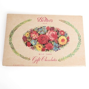 May include: A rectangular tan cardboard box of DeMet's Gift Chocolates. The lid features a central oval illustration of red, pink, yellow, and blue flowers surrounded by a green leaf wreath. Text reads DeMet's Since 1898, Milk Dark, and Net One Pound Six Ounces.