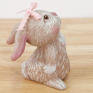 Vintage Ceramic Rabbit Figurine, Small Lop-Eared Bunny With Pink Bow