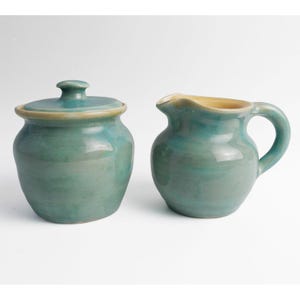 Pisgah Forest Pottery Vintage Creamer Sugar Set Blue-Green Glaze North Carolina