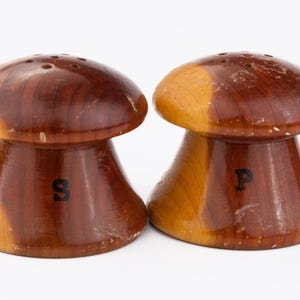 Vintage Mushroom Salt And Pepper Shakers,1970s Natural Wood Kitchen Decor