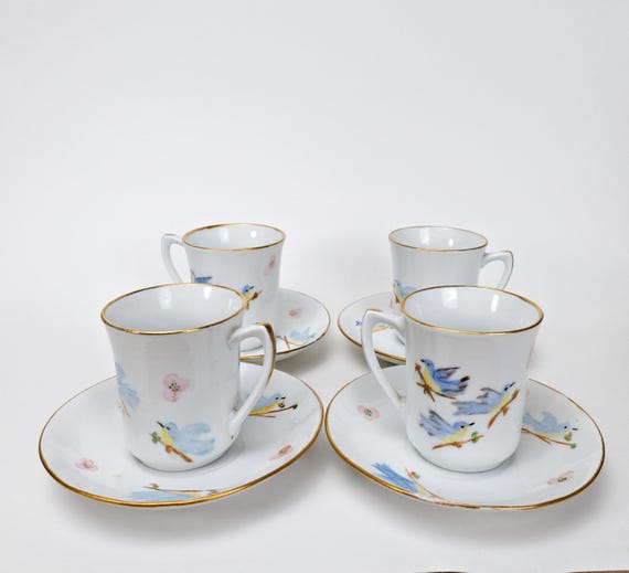 Service à Café Vintage 4 Tasses Porcelaine Oiseaux - Avec Soucoupes - État Correct