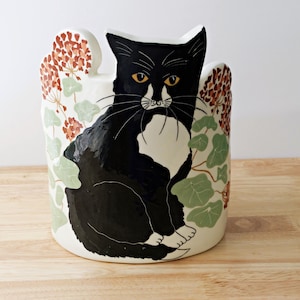 Vintage Cat Planter, Black And White Cat, Hand-Made Indoor Garden Decor