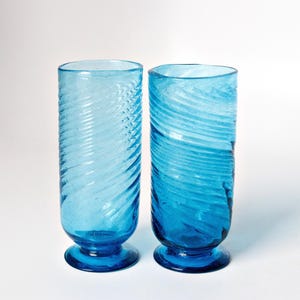 Vintage Aqua Blue Drinking Glasses, Swirl Pattern, Hand Blown Glassware For Kitchen Or Bar