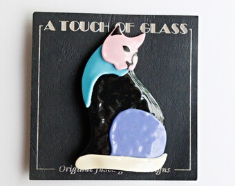 1980s Cat Brooch, Multicolored Fused Glass