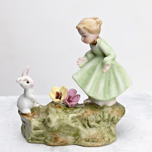 Vintage Porcelain Figurine of Girl With Flowers and A Rabbit, Hand-Painted Collectible, Cottagecore Farmhouse Decor