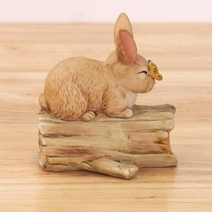 Vintage Porcelain Rabbit Figurine, Small Bunny On A Log With A Butterfly