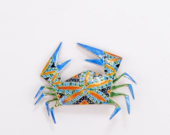 Broche crabe vintage en argent sterling et émail, motif mosaïque colorée