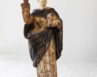 Antique Santos Statue Saint Vicente Ferrer Catholic Art Ecuador Carved Wood 19th Century