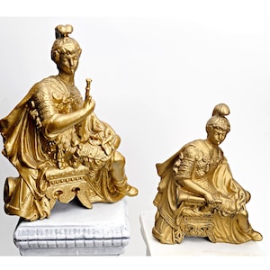Vintage Roman Soldier Musician Statues, Gilt Metal Figurines, Ornate Fireplace Mantle Art
