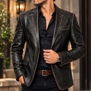 Könnte beinhalten: Ein dunkelbrauner Blazer aus Distressed-Leder mit steigendem Revers, zwei Knöpfen auf der Vorderseite und zwei Pattentaschen. Der Blazer wird über einem schwarzen Hemd und einer schwarzen Hose mit braunem Ledergürtel mit Silberschnalle getragen.