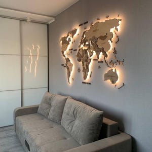 3D-Weltkarte aus Holz mit LED-Hintergrundbeleuchtung, Wandpaneel, Umgebungsbeleuchtung und modernem Dekor für Haus, Büro und Café