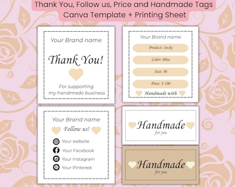 Plantilla editable de Canva para etiquetas hechas a mano / Etiquetas DIY de agradecimiento, precio y etiquetas para tus productos hechos a mano / Plantilla de hoja imprimible adicional / 3 colores