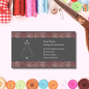 May include: A business card for "Sewing and Alterations" with a dress form illustration, surrounded by sewing supplies. The card features the business name, contact details, and social media handle. Spools of thread, buttons, and scissors are also visible.