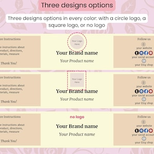 Puede incluir: Gr&aacute;fico que muestra tres opciones de dise&ntilde;o para un producto. Cada dise&ntilde;o incluye espacio para el nombre de la marca, el nombre del producto, instrucciones de cuidado y enlaces a redes sociales. Las opciones incluyen un logotipo circular, un logotipo cuadrado y sin logotipo.
