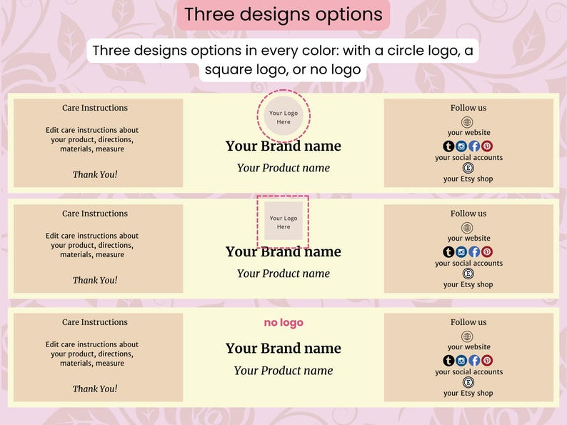Puede incluir: Gr&aacute;fico que muestra tres opciones de dise&ntilde;o para un producto. Cada dise&ntilde;o incluye espacio para el nombre de la marca, el nombre del producto, instrucciones de cuidado y enlaces a redes sociales. Las opciones incluyen un logotipo circular, un logotipo cuadrado y sin logotipo.