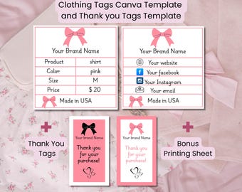 Plantilla de Canva para etiquetas colgantes de ropa editables / Etiquetas de agradecimiento / Etiquetas para ropa coqueta / Etiqueta de precio DIY / Hoja imprimible adicional