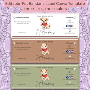 Editable Pet Bandana Label Canva Template | Pet neck scarf label | DIY  wrap-around dog bandana packaging | 3 sizes, 3 colors