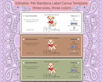 Bearbeitbare Haustier Bandana Label Canva Vorlage | Hundehalstuch Label | DIY Rundum-Halstuch für Hunde | 3 Größen, 3 Farben