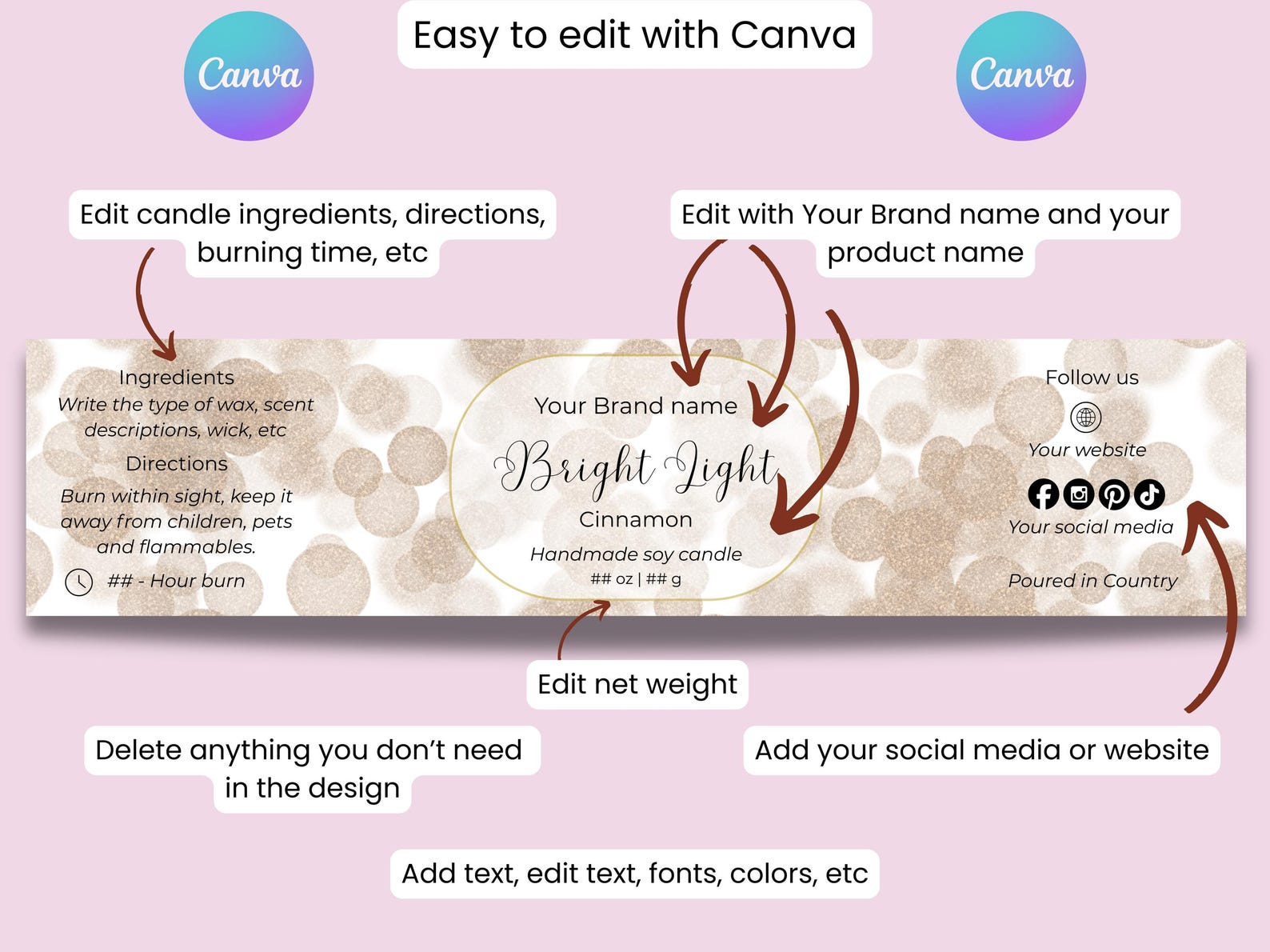 Editable Candle Label Canva Template | Custom Soy Candle Wrapper ...
