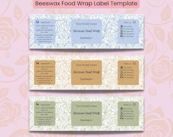 Pode incluir: Modelo de etiqueta para embalagens de alimentos em cera de abelha, com desenhos florais em azul, bege e verde. Cada etiqueta inclui espaço para o nome da marca, o texto "Beeswax Food Wrap" e "Handmade", e ícones de mídia social. Os ingredientes também estão listados.