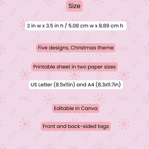 Puede incluir: Fondo rosa con patrones de copos de nieve y hojas. Texto incluye tama&ntilde;o: 5,08 cm x 8,89 cm, cinco dise&ntilde;os navide&ntilde;os, imprimible en dos tama&ntilde;os de papel: US Letter y A4. Editable en Canva, etiquetas de doble cara.