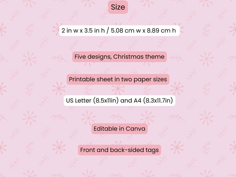 Puede incluir: Fondo rosa con patrones de copos de nieve y hojas. Texto incluye tama&ntilde;o: 5,08 cm x 8,89 cm, cinco dise&ntilde;os navide&ntilde;os, imprimible en dos tama&ntilde;os de papel: US Letter y A4. Editable en Canva, etiquetas de doble cara.