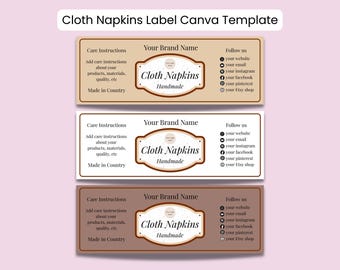 Editable Cloth Napkins Label Canva Template | Kitchen Linens packaging | 4 sizes, 3 colors | Printable Sheet US Letter, A4
