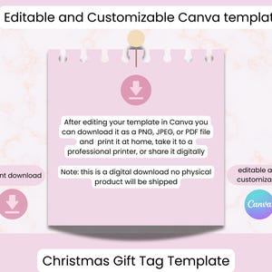 Puede incluir: Plantilla de etiqueta de regalo de Navidad digital rosa con el texto "Plantilla Canva editable y personalizable". La plantilla est&aacute; disponible para descarga instant&aacute;nea y se puede editar en Canva.