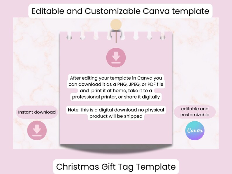 Puede incluir: Plantilla de etiqueta de regalo de Navidad digital rosa con el texto "Plantilla Canva editable y personalizable". La plantilla est&aacute; disponible para descarga instant&aacute;nea y se puede editar en Canva.