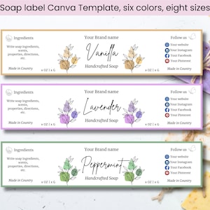 Puede incluir: Plantilla de etiqueta de jabón Canva, con seis opciones de color y ocho tamaños. Las etiquetas presentan los textos "Vainilla", "Lavanda" y "Menta" para jabón artesanal. Cada etiqueta incluye espacio para ingredientes y enlaces de redes sociales.