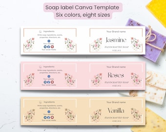 Editable Soap bar Label Canva Template | Custom Soap Wrapper | Handmade soap belly band | DIY Soap packaging | 8 sizes and printable sheet