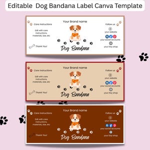 Puede incluir: Tres plantillas de etiquetas para bandana para perros sobre un fondo rosa claro. Cada etiqueta presenta un perro de dibujos animados, huellas de patas y texto, incluyendo "Dog Bandana", "Your Brand Name" e iconos de redes sociales. La etiqueta superior tiene un borde de color beige claro, la del medio un borde burdeos y la inferior un borde marrón.
