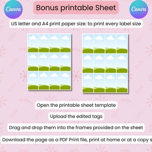 Puede incluir: Gr&aacute;fico rosa con dos hojas de plantillas de etiquetas, cada una con 12 marcos que representan una escena de cielo y paisaje. El texto incluye "Bonus printable Sheet" e instrucciones de uso, incluyendo "US letter and A4 print paper size".
