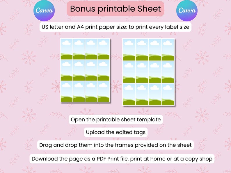 Puede incluir: Gr&aacute;fico rosa con dos hojas de plantillas de etiquetas, cada una con 12 marcos que representan una escena de cielo y paisaje. El texto incluye "Bonus printable Sheet" e instrucciones de uso, incluyendo "US letter and A4 print paper size".