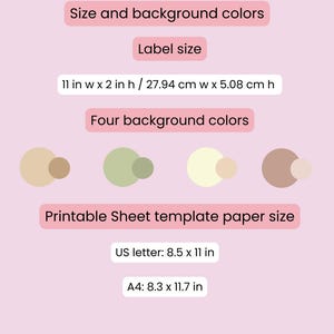 Puede incluir: Gr&aacute;fico rosa con texto sobre el tama&ntilde;o de la etiqueta, los colores de fondo y el tama&ntilde;o del papel de plantilla imprimible. El tama&ntilde;o de la etiqueta es de 27,94 cm de ancho por 5,08 cm de alto. Los tama&ntilde;os de papel son US letter y A4.