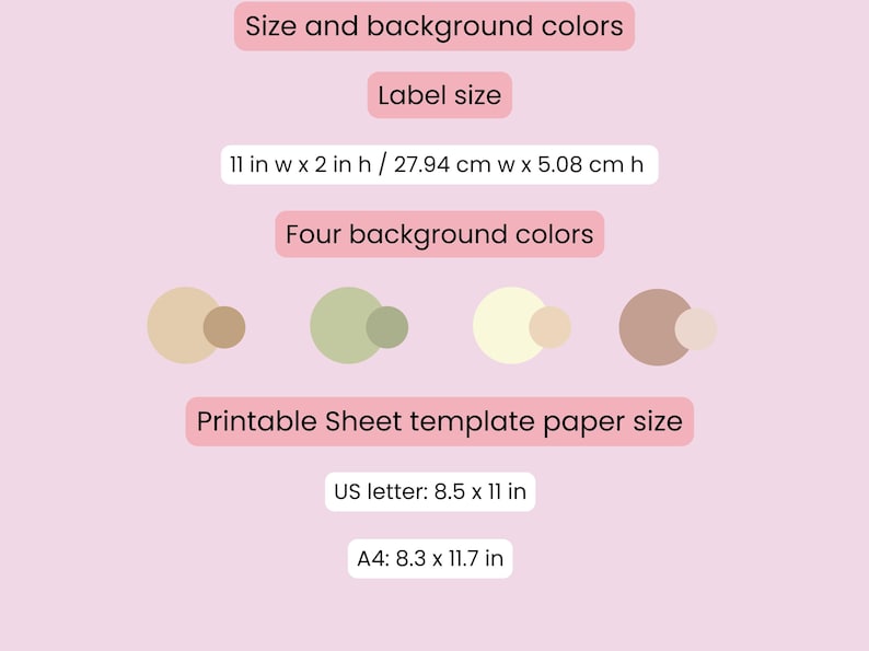 Puede incluir: Gr&aacute;fico rosa con texto sobre el tama&ntilde;o de la etiqueta, los colores de fondo y el tama&ntilde;o del papel de plantilla imprimible. El tama&ntilde;o de la etiqueta es de 27,94 cm de ancho por 5,08 cm de alto. Los tama&ntilde;os de papel son US letter y A4.