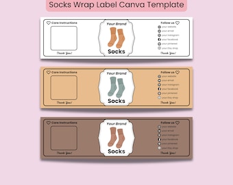 Socks Wrap Label Canva Template | Printable Sock Packaging Band | Editable Label for Socks | DIY Sock Labels | 3 Sizes, 4 Colors
