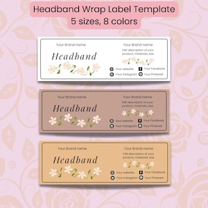 Könnte beinhalten: Kopfband-Wrap-Label-Vorlage mit dem Wort "Headband" in einer dekorativen Schriftart. Das Etikett enthält Platz für einen Markennamen und Social-Media-Symbole. Die Vorlage ist in 5 Größen und 8 Farben erhältlich.