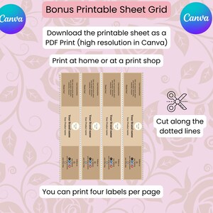 Puede incluir: Una cuadr&iacute;cula de hojas imprimibles con el texto "Bonus Printable Sheet Grid" y los logotipos de "Canva". La imagen muestra instrucciones para descargar e imprimir etiquetas, con unas tijeras y el texto "Cut along the dotted lines."