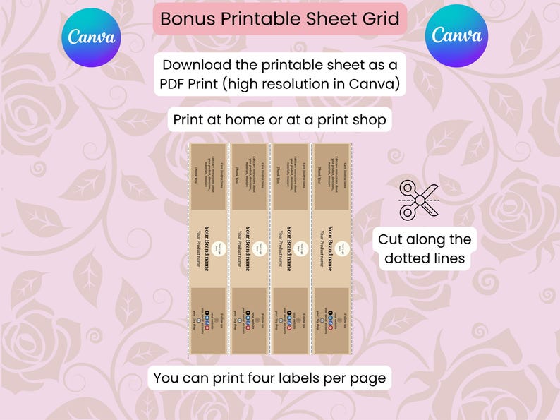 Puede incluir: Una cuadr&iacute;cula de hojas imprimibles con el texto "Bonus Printable Sheet Grid" y los logotipos de "Canva". La imagen muestra instrucciones para descargar e imprimir etiquetas, con unas tijeras y el texto "Cut along the dotted lines."