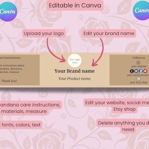 Puede incluir: Una plantilla de Canva con instrucciones para editar una plantilla de producto. El dise&ntilde;o incluye &aacute;reas para subir un logotipo, editar el nombre de la marca y del producto, y agregar instrucciones de cuidado. Tambi&eacute;n muestra d&oacute;nde agregar enlaces al sitio web y a las redes sociales.