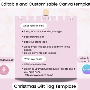 Puede incluir: Plantilla de etiqueta de regalo de Navidad rosa con el texto "Plantilla de Canva editable y personalizable". La plantilla incluye funciones editables como fuentes, colores y la posibilidad de agregar un logotipo de marca. Requiere conexi&oacute;n a Internet y una cuenta de Canva.