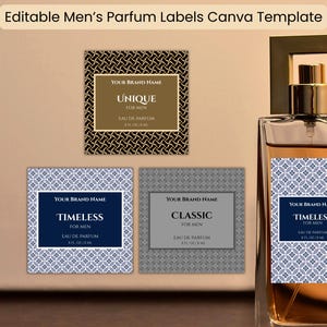 Puede incluir: Un frasco de perfume con tapón dorado y etiqueta "Timeless for Men". La imagen también muestra tres diseños de etiquetas con el texto "Unique", "Timeless" y "Classic". La parte superior de la imagen dice "Plantilla Canva de etiquetas de perfume para hombre".
