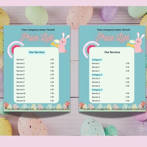 May include: Two pastel blue price lists with a bunny rabbit illustration and Easter egg accents. The left list has a numbered list of services with prices. The right list has a categorized list of services with prices.
