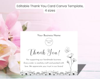 Plantilla editable de Canva para tarjeta de agradecimiento / Inserto para empaque de producto artesanal / 4 tamaños, doble cara / Hoja imprimible / Descarga instantánea