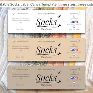 May include: Three editable sock label templates in white, tan, and brown. Each label features the word "Socks Handmade" in a script font, along with space for a brand name, care instructions, and social media links.